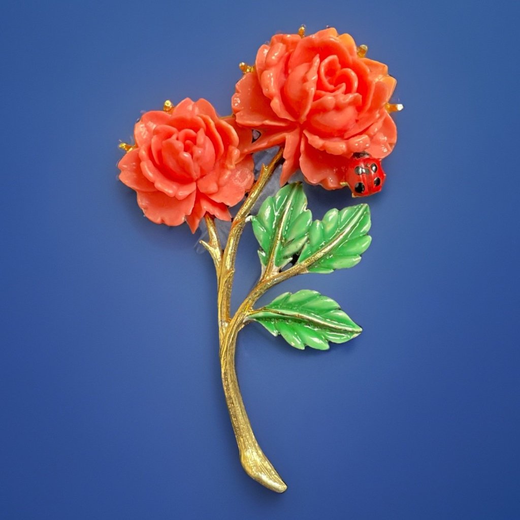 Vintage Jj Jonette Molded Pink Double Rose Flower With Ladybug Pin Brooch
